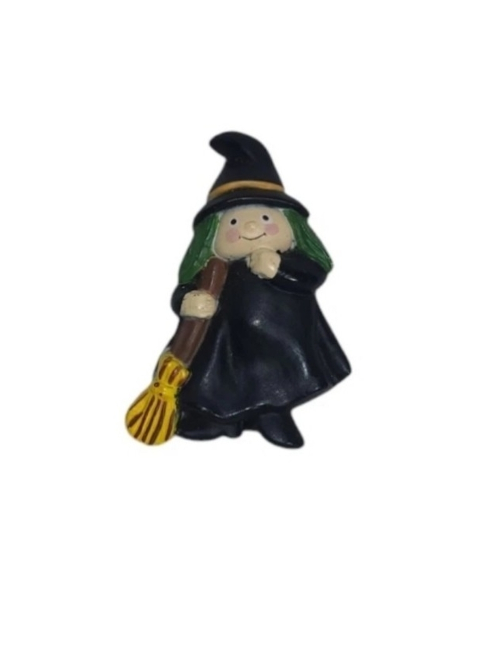 Kids Black Witch Costume Figurine with Green Hair and Yellow Broom